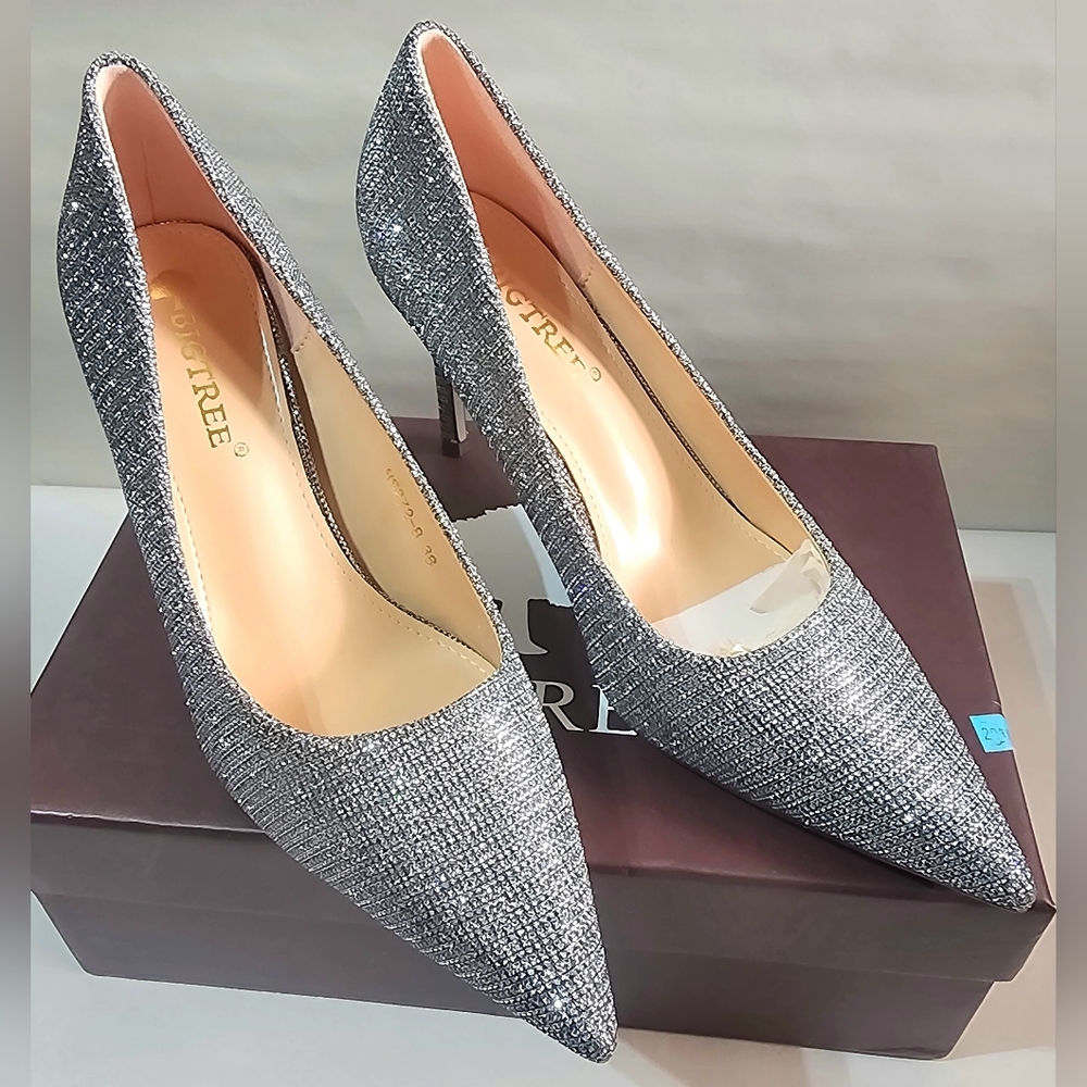 NIB Big Tree Silver Rhinestones & Glitter High Heel Shoes SZ 6-1/2